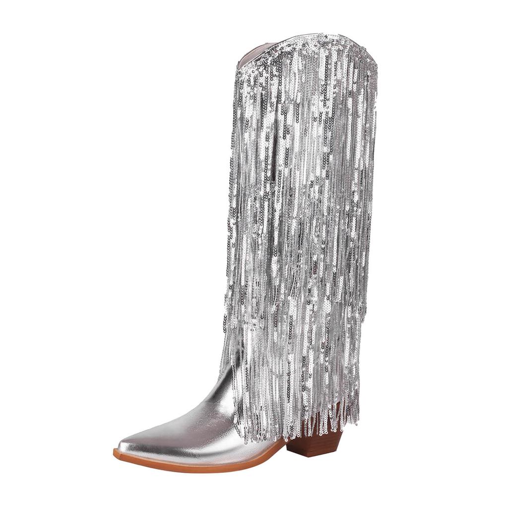 Wide Calf Boots For Women Over The Knee High Women'S Rhinestone Fringe Boots Sparkly Western Cowboy Boots Zapatos De Mujer