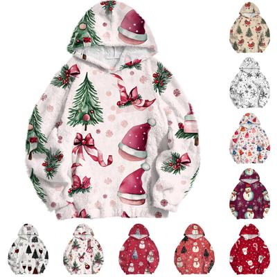 Women's Fashion Pullover Drop Shoulder Long Sleeve Christmas Printed Hooded Sweatshirt
