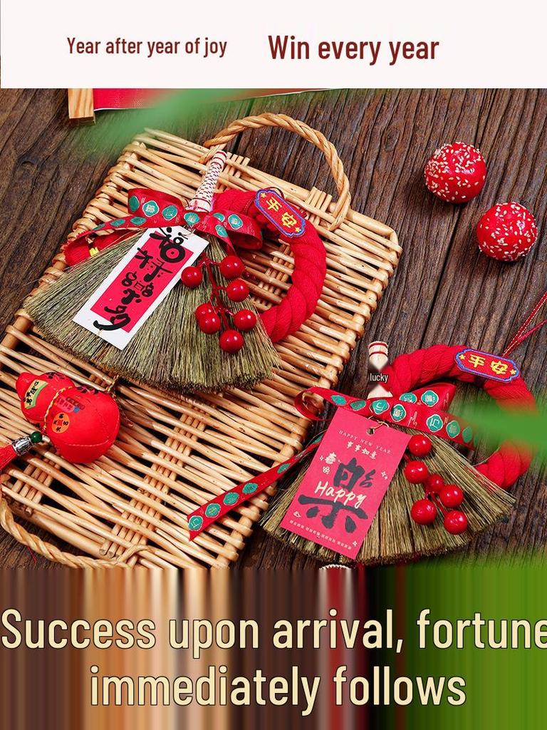 Festive Door Handle Broom Ornament with Bells - Auspicious Hanging Decoration for Housewarming and Entryway.