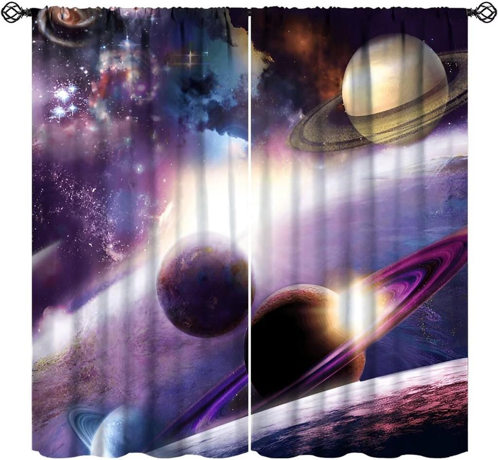 Outer Space Curtains Cartoon Astronaut Rocket Planets Stars Spaceman Universe Galaxy Print Window Kids Boys Made Of Polyester