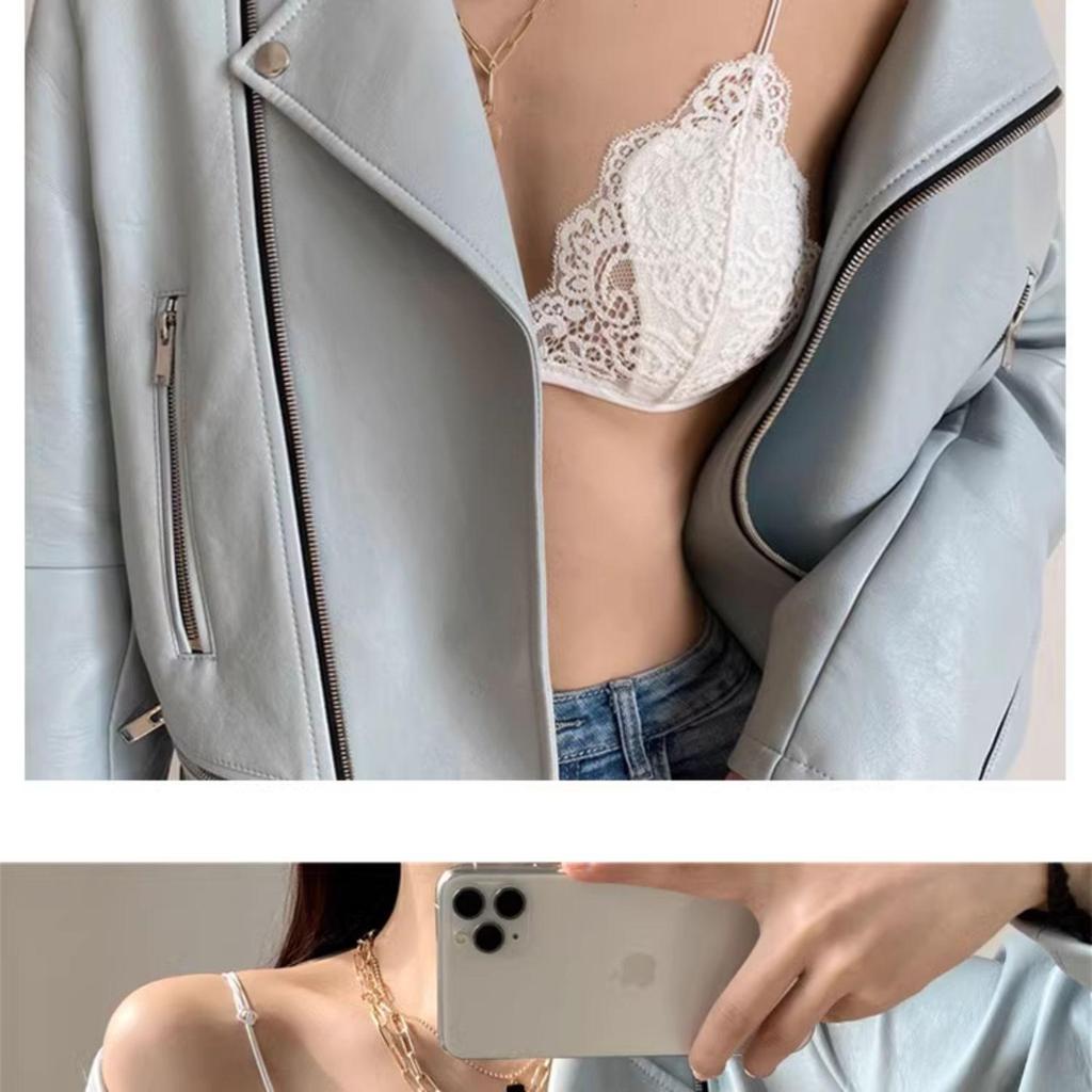 Dámská bezdrátová ultratenká podprsenka s trojúhelníčkovými košíčky z francouzské krajky se zapínáním vpředu