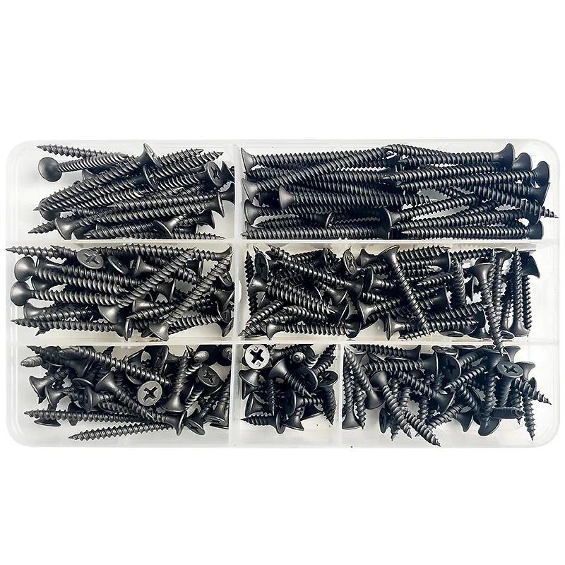 M3.5 Black Carbon Steel 220Pcs/Box Phillips Cross Flat Countersunk Head Self-tapping Wood Screws Set Assortment Kit Box