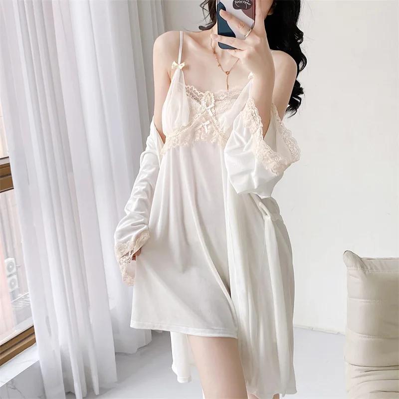 Jesienna Damska Bielizna Nocna Aksamitny 2-częściowy Zestaw Szlafroków Seksowna Czarna Koszulka Nocna na Ramiączkach Lounge Wear Lingerie Koronkowa Koszula Nocna Odzież Domowa