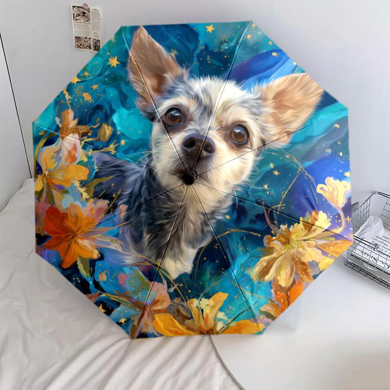 0106 Floral Dog  pattern, automatic folding umbrella, portable and foldable design, 8 ribs, a Christmas or birthday gift.