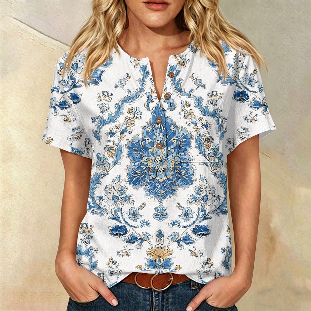 Women Henley Neck Printed Short Sleeve Cotton Linen Shirt with Front Pocket and Button Casual Fit Top
