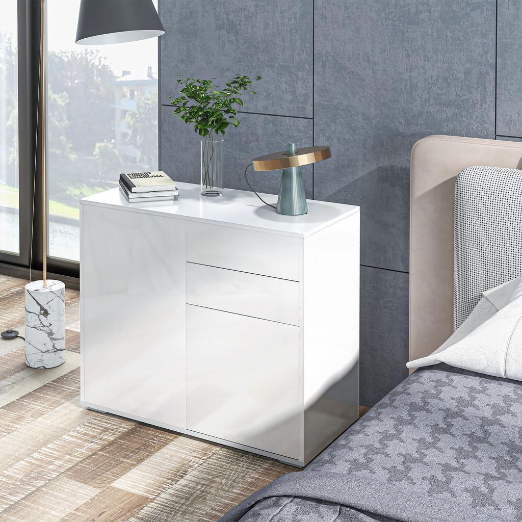 Commode Buffet Storage Cabinet 2 Drawers 2 Doors With Shelf 79 X 36 X 74 Cm Glossy White