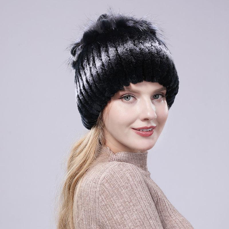 New Rex Rabbit Hair Hat Women's Winter Thickened Warm Fashion Versatile Elastic Fur Woven Hand-sewn Knitted Hat