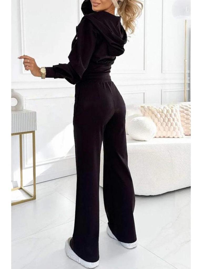 2025 Autumn/Winter European & American Solid Color Hooded Zip-Up Top and Wide-Leg Pants Set