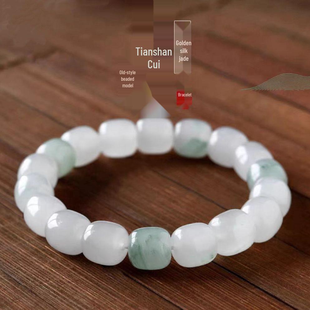 Tianshan Green & Golden Silk Kunlun Jade Beaded Unisex Bracelet 8x8mm Old Style Beads Bracelet