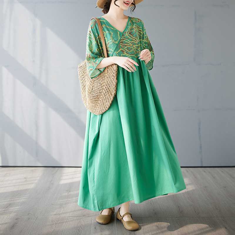 Cotton and Linen Summer Patchwork Retro Style Dress Long Skirt