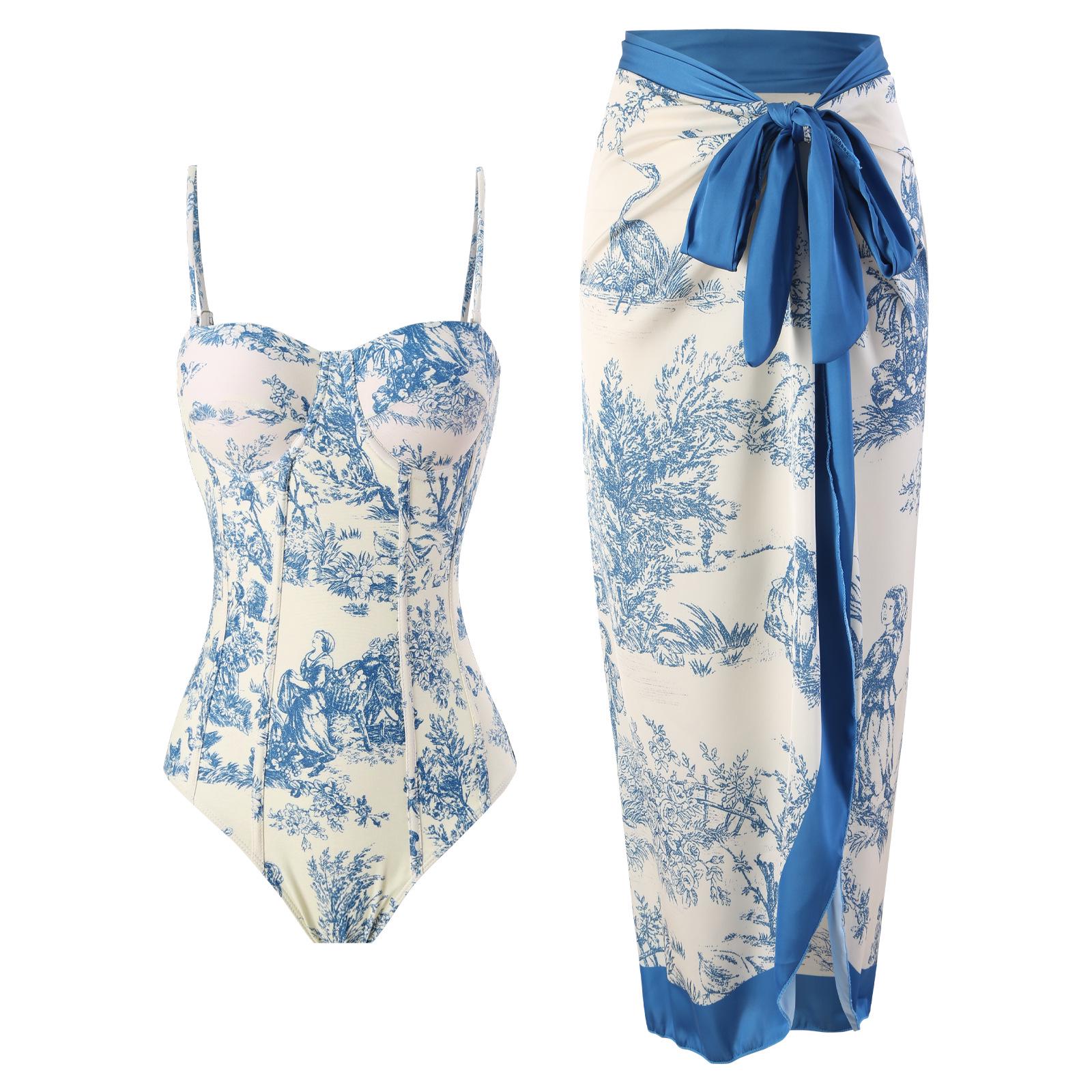 

2023 Retro Print Women s Swimwear: One-Piece Swimsuit and Bikini with Sun Protection Long Dress - Two-Piece Set XL