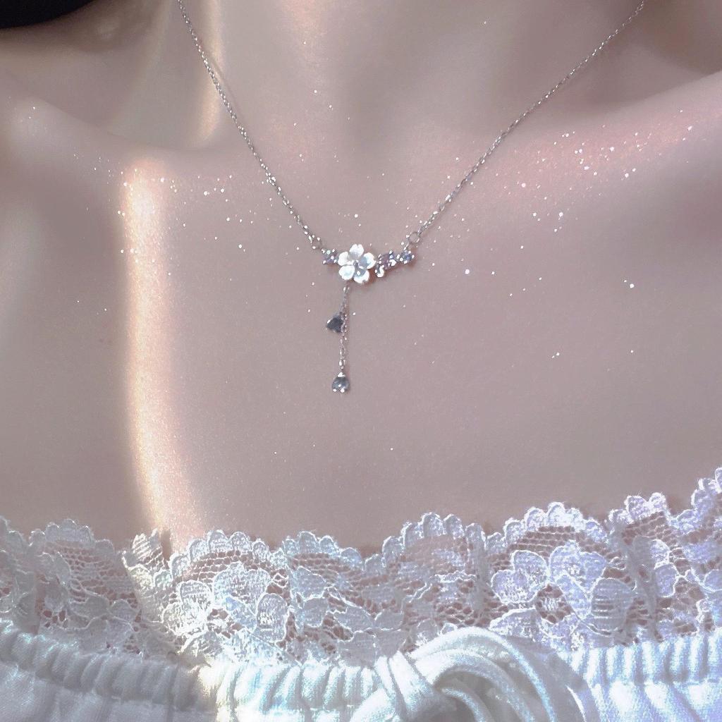 Romantic Cherry Blossom Heart Tassel Necklace with Shell Petals - Sweet Forest Style