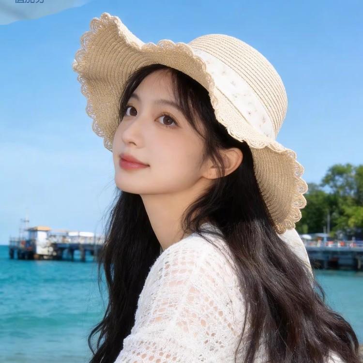Beach hat for women, spring/summer French romantic bow straw hat, large brim seaside vacation sun-protection hat