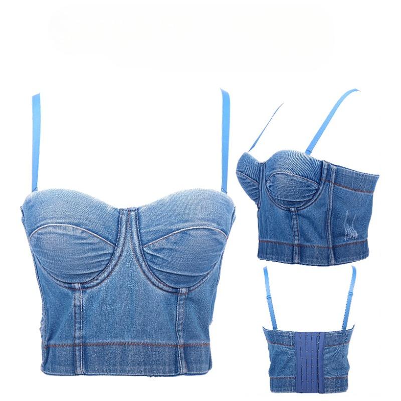 Fishbone Denim Camisole Vest Women's Summer Short Slim Sexy Backless Bottoming Busting Underwear for Outside Wear