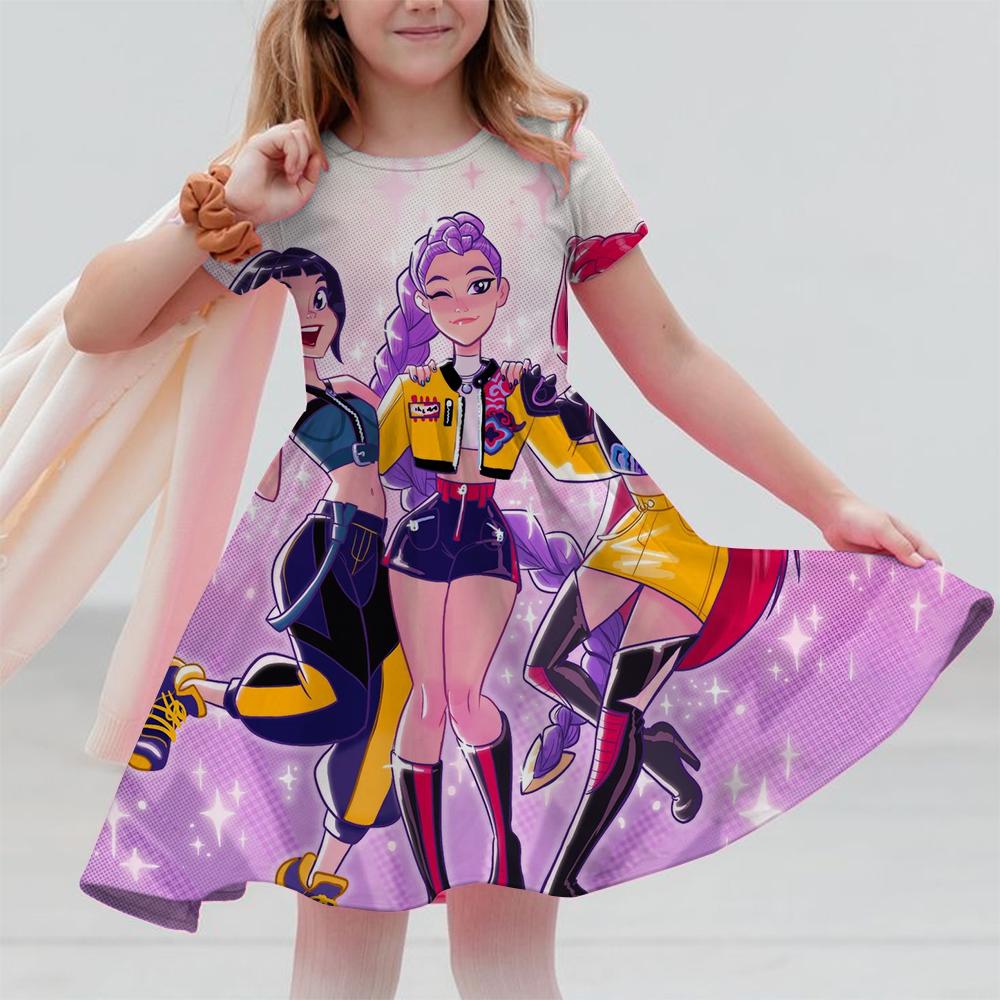 

Летние платья принцессы для девочек KPop Охотники на демонов Huntrix Вечеринка День рождения Детский костюм Платье в горошек 140