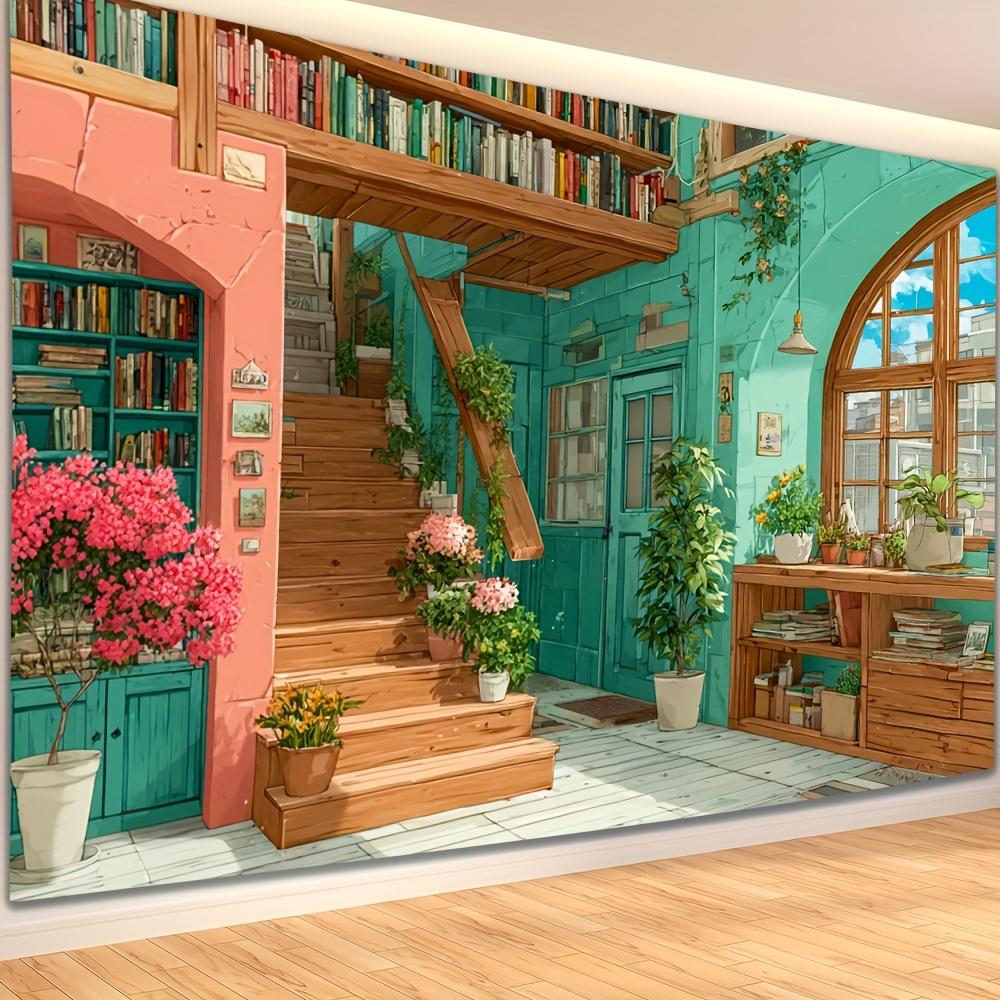 Library Scene Theme Digital Printing Polyester Wall Hanging Tapestry Decorative Living Room Bedrooms Office Background Gift