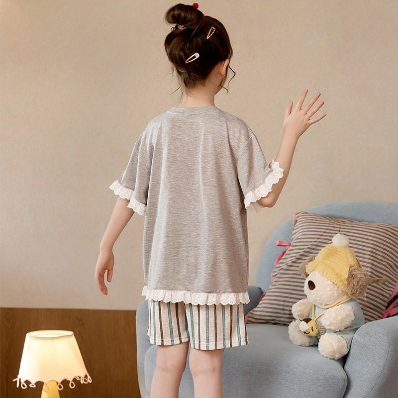 Girls Pajama Set Short Sleeve Cartoon Print Lyocell Cotton Sleepwear Ages 8 Comfortable Lightweight Home Outfit