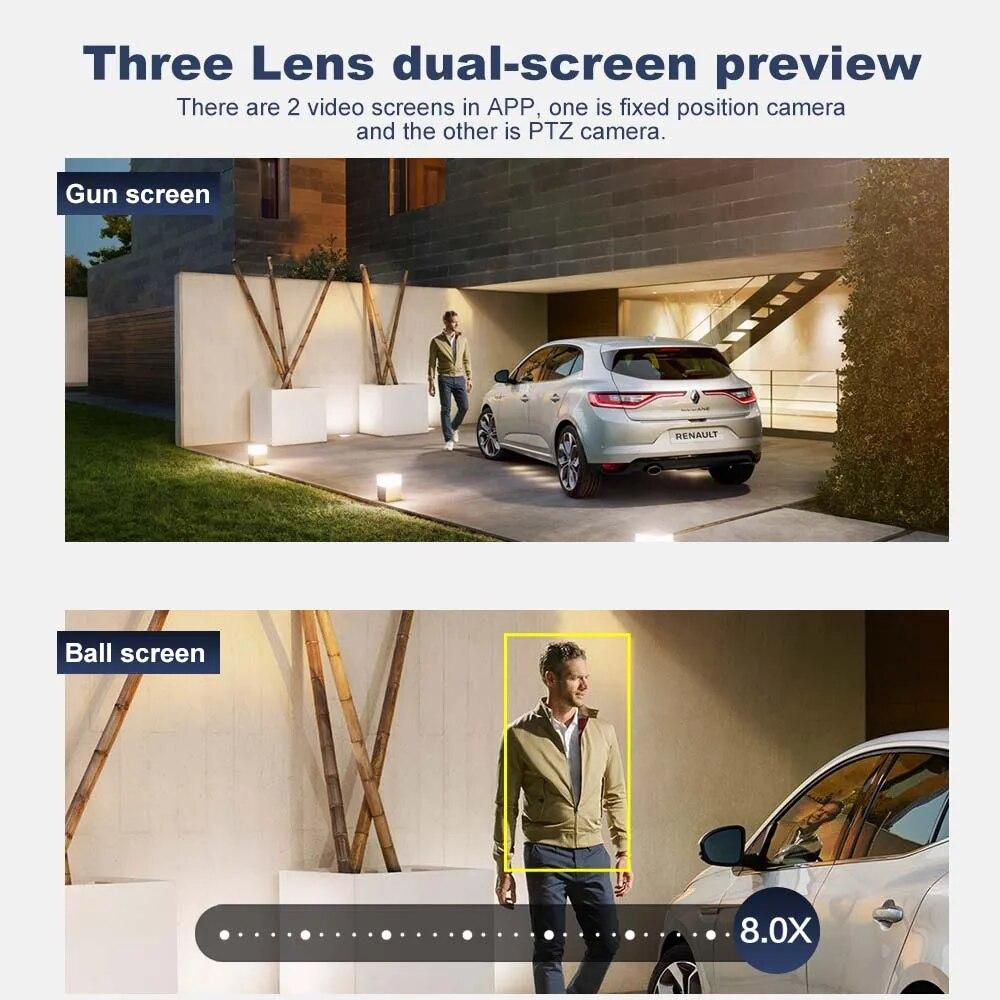 Neue EU 12MP 6K WiFi-Kamera für den Außenbereich, drei Objektive, Dual-Screens, 8-facher Zoom, CCTV-Mini-Videokamera, automatisches Tracking, Sicherheitsschutz, Überwachung, iCSee-App