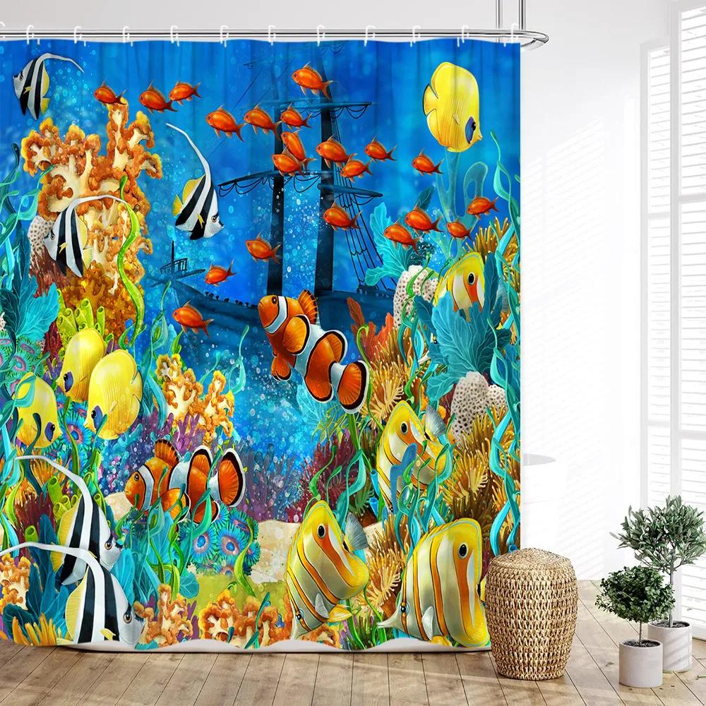 Ocean Animal Shower Curtain, Underwater Whale Coral Tropical Fish Wave Fish Blue Kids Boys Print Bathroom Decoration