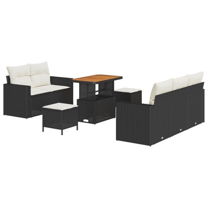 Ensemble de canapés de jardin de 8 pièces avec coussins noir poly rattan acacia, Ensemble de salle à manger de jardin 3 3361560