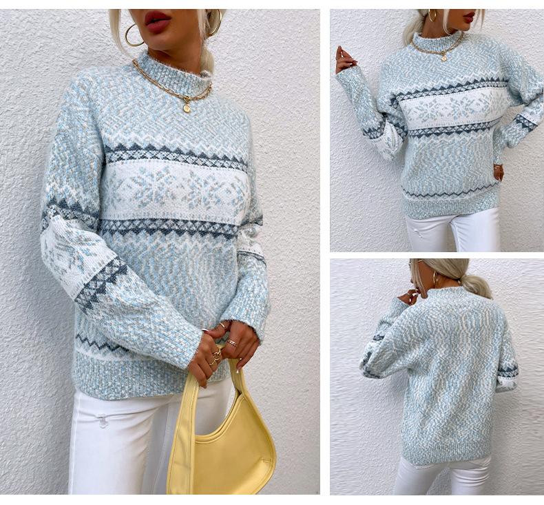 Popular OZON autumn and winter women's clothing Christmas snowflake pattern semi-turtleneck sweater needle