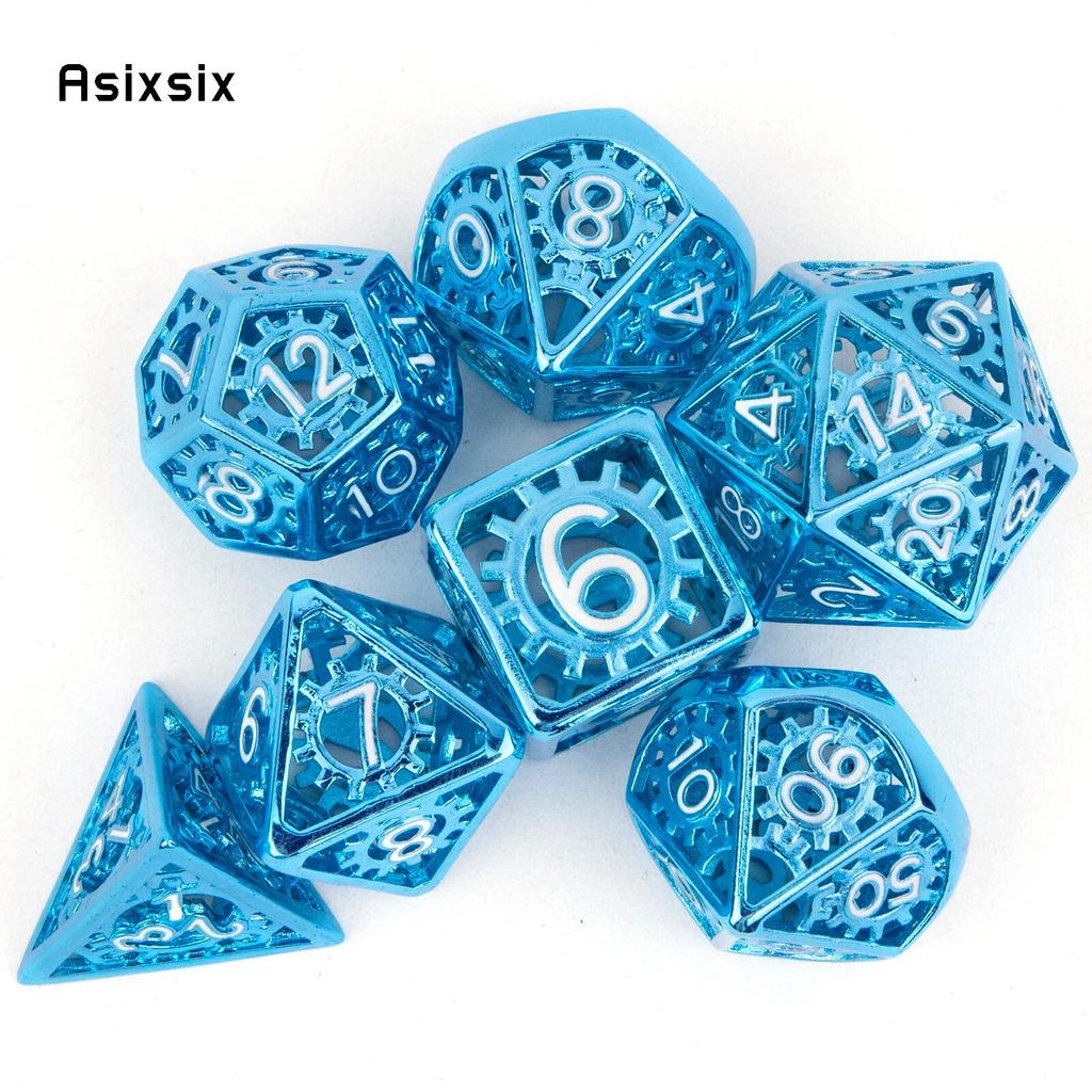 7 Pcs Blue White Gear Wheel Metal Dice Hollow Metal Polyhedral Dice Set Suitable for Role-Playing RPG  Board Game Card Game