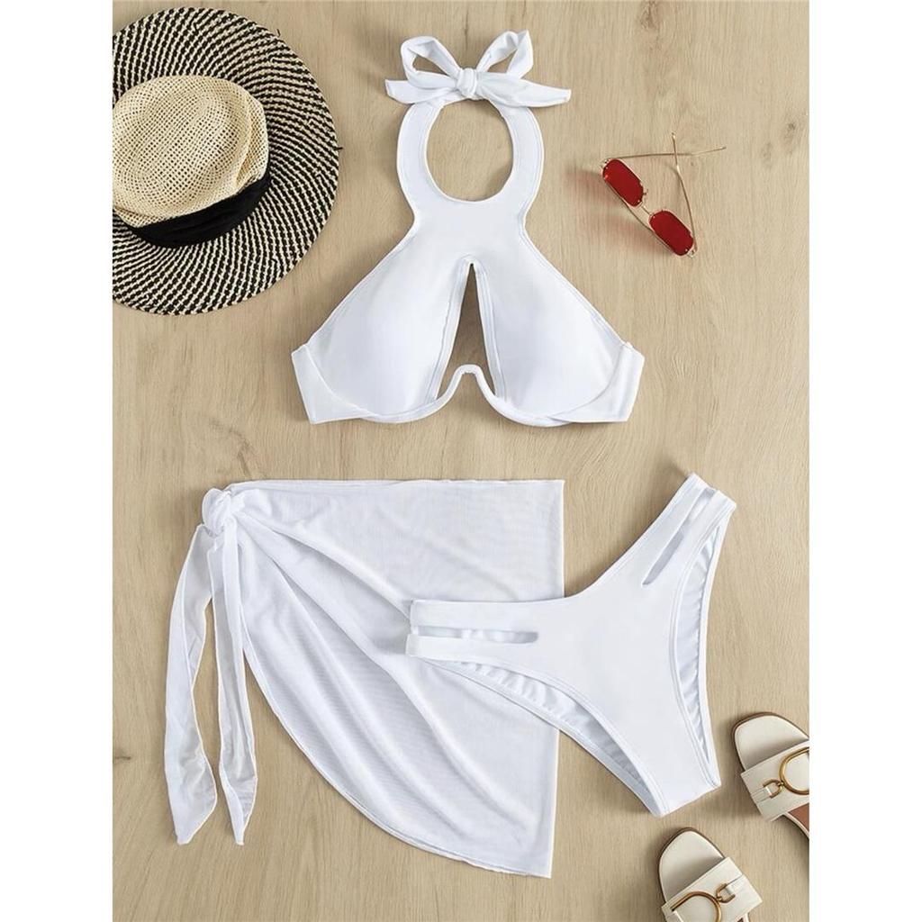 Mit Sarong Bügel Cut Out Bikini Frauen Bademode Weiblichen Badeanzug Drei-stück Bikini set Badende Badeanzug Schwimmen Dame