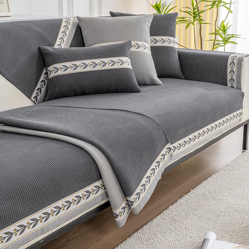 Short Plush Sofa Cover Embroidery Ribbon Slip Resistant Slipcover Seat European Couch Cover Sofa Towel For Living Room Decor