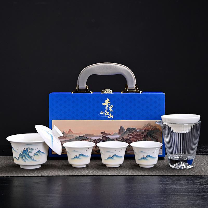 Qianli Jiangshan Suet Jade Porcelain White Porcelain Tea Set, a Complete Set of Gift Boxes, Customized Business Gifts, Souvenirs