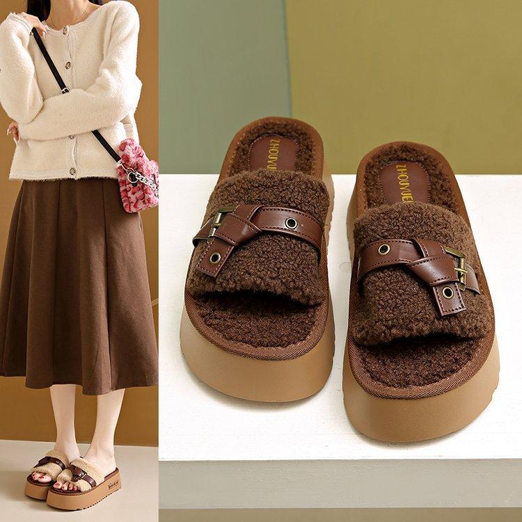 Mode Frühling Herbst Dicke Sohle Wollpantoffeln Damen Draußen Tragen Gepolstert Ein Wort Rutschfest Winter Baumwollpantoffeln Sub