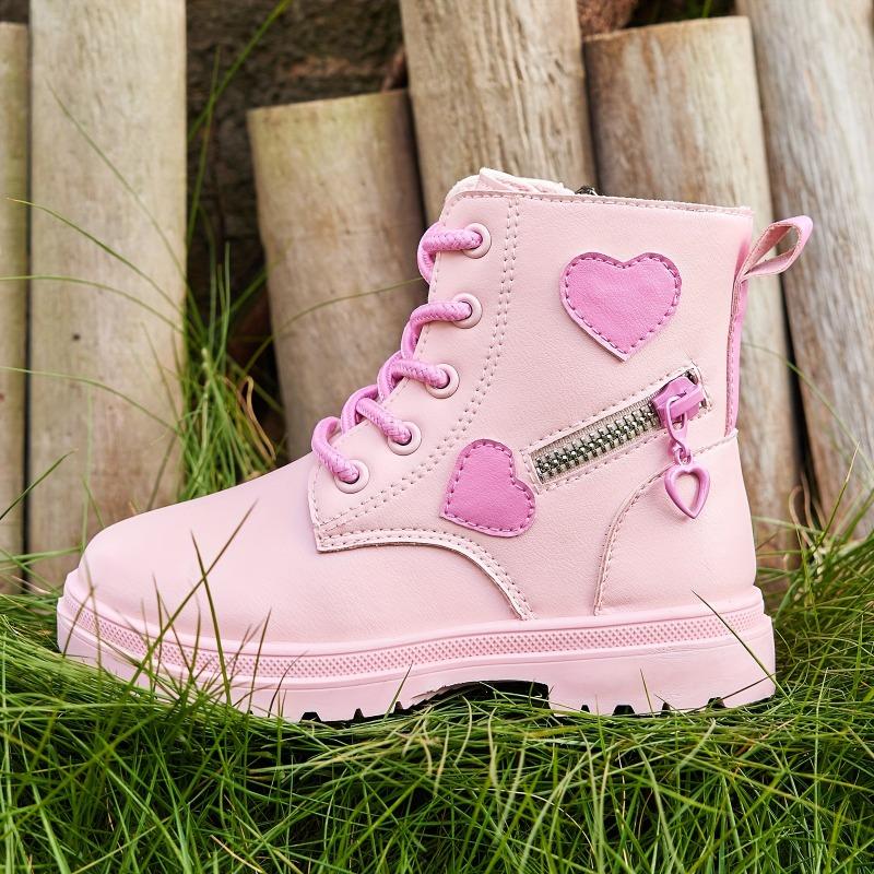 Adorable Heart Non Slip Ankle Boots Girls Boys Lightweight Durable PU Rubber Outdoor Hiking Shoes Zipper Closure Pink Black Fall Winter Casual