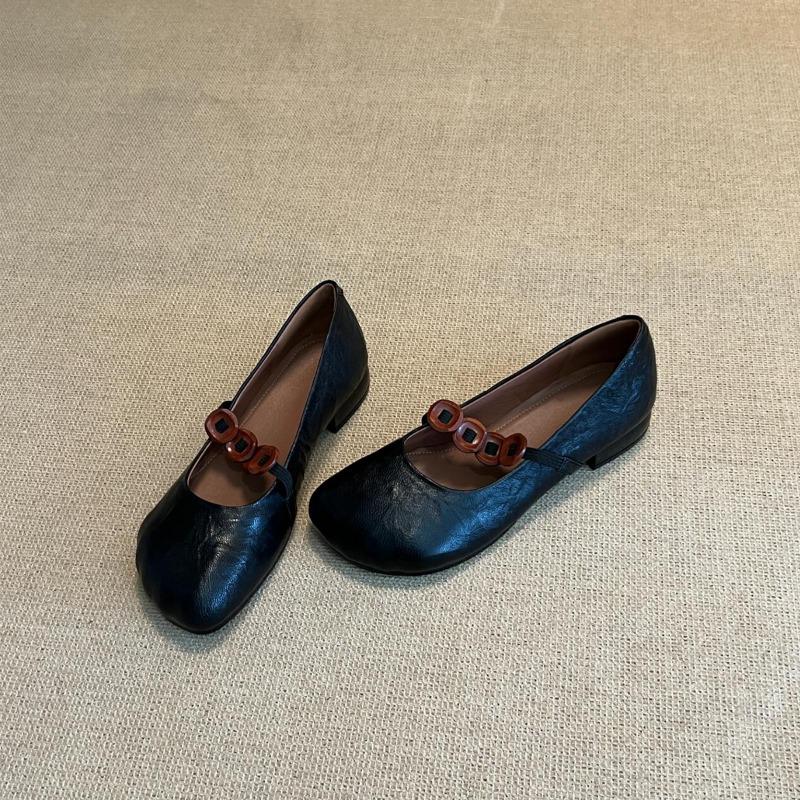Sheepskin version~ niche retro round head thick heel single shoes women's versatile button elastic band light mouth soft leather Mary Jane shoes