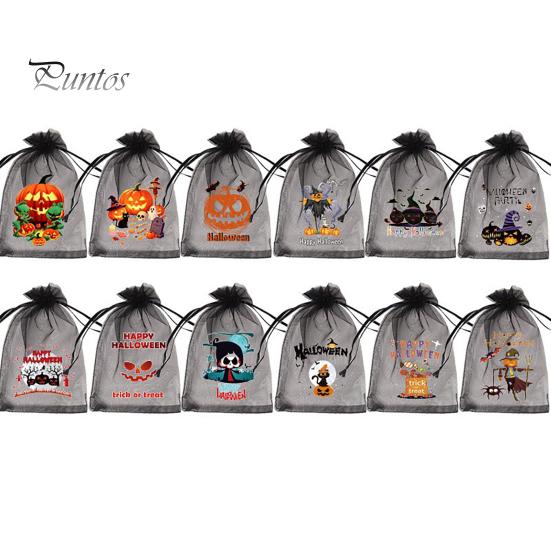 Halloween Party Prop 12 Pcs Organza Candy Bag, Drawstring Treat Pouch with Pumpkin Ghost Bat Storage Bag Print, Sheer Favor for Snacks, Trick or Gift
