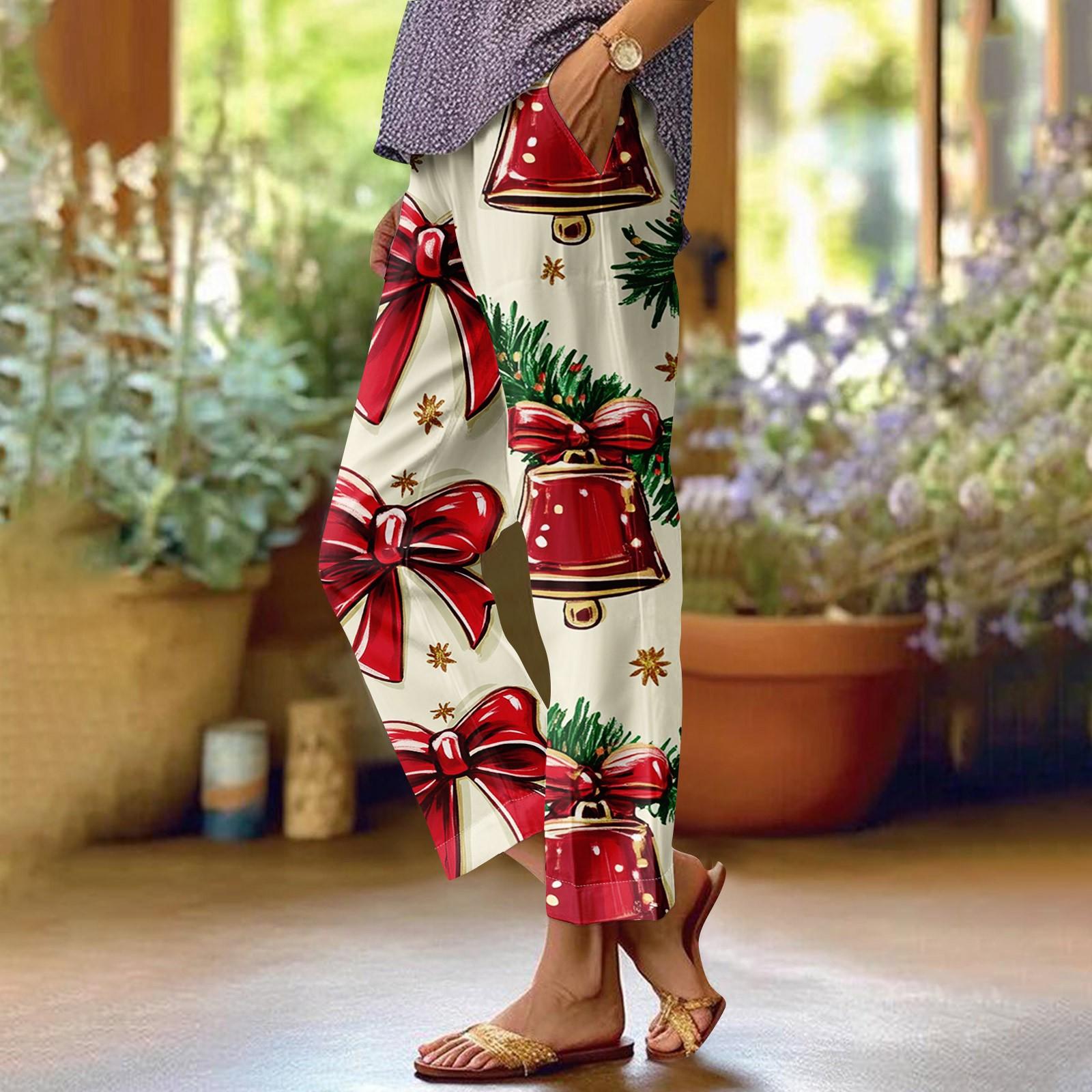 

Женские модные повседневные брюки с прямыми карманами и эластичной талией с рождественским принтом XL хаки