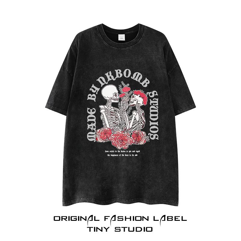 New Trendy Brands Heavyweight Hiphop Dark Rose Skull Summer 100 Cotton Washed Tshirt Comfortable Soft Cool Breathable Street 4XL