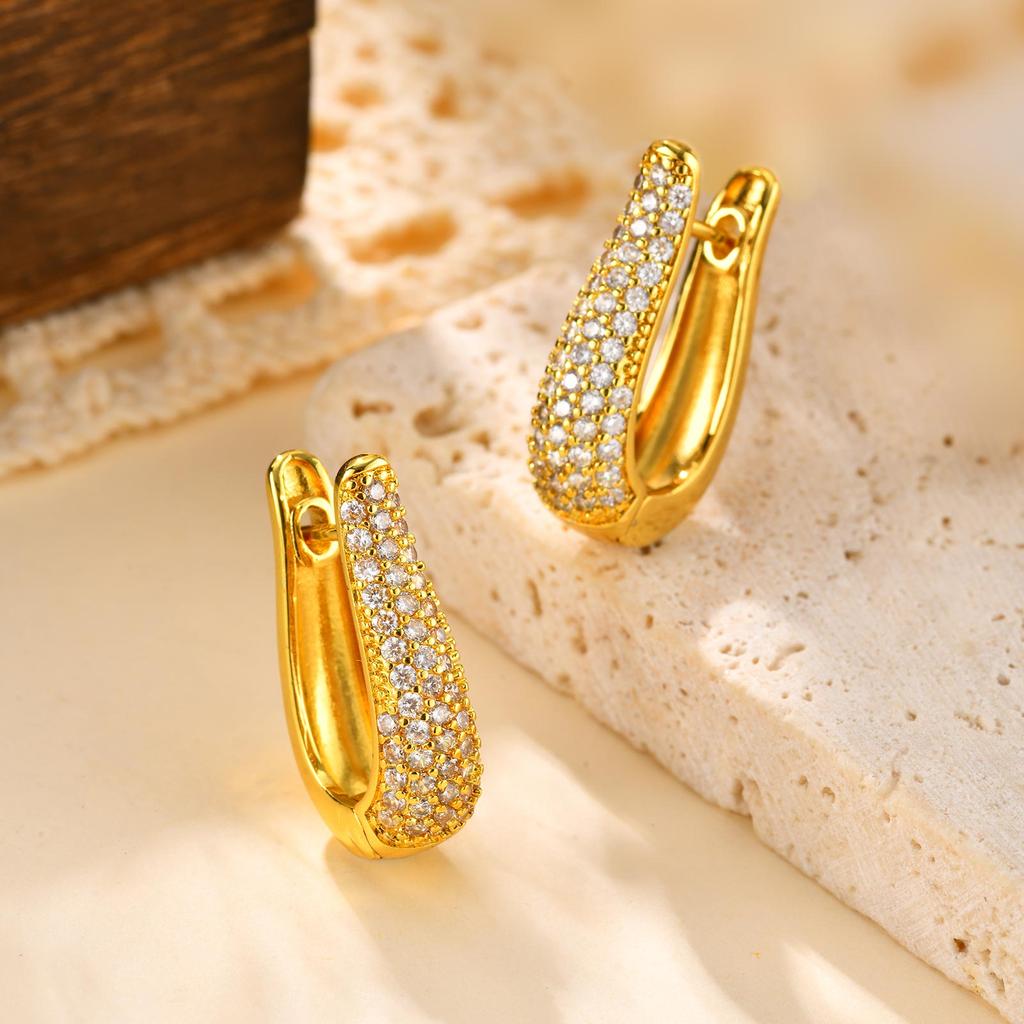 Gold Plated Cubic Zircon U-shaped Earrings for Women Anti-Allergy Exquisite Hooks Earrings Party Trend Luxury Jewelry Gift