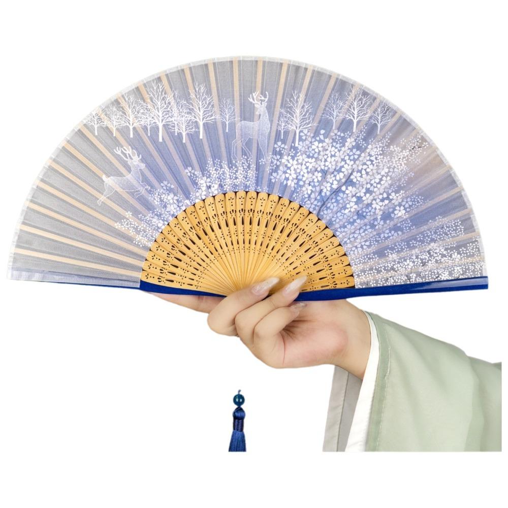 Chinese Ancient Style Portable Folding Fan Classical Wooden Handle Dancing Fan with Tassels Traditional Decorative Fan