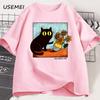 Van Gogh Cat Graphic T Shirts Men Women Flower Black Cat T-shirt Round Neck Cotton Short Sleeve Trendy Tee Shirt Streetwear