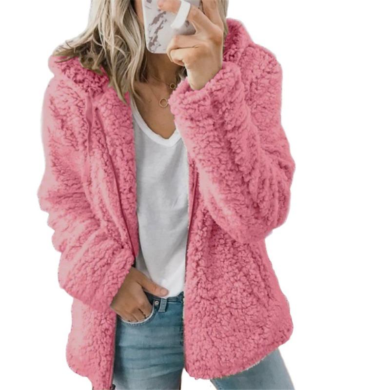 

Fashion casual long-sleeved autumn and winter women s zipper cardigan coat, thick hooded plush women s loose warm jacket 965# S рожевий