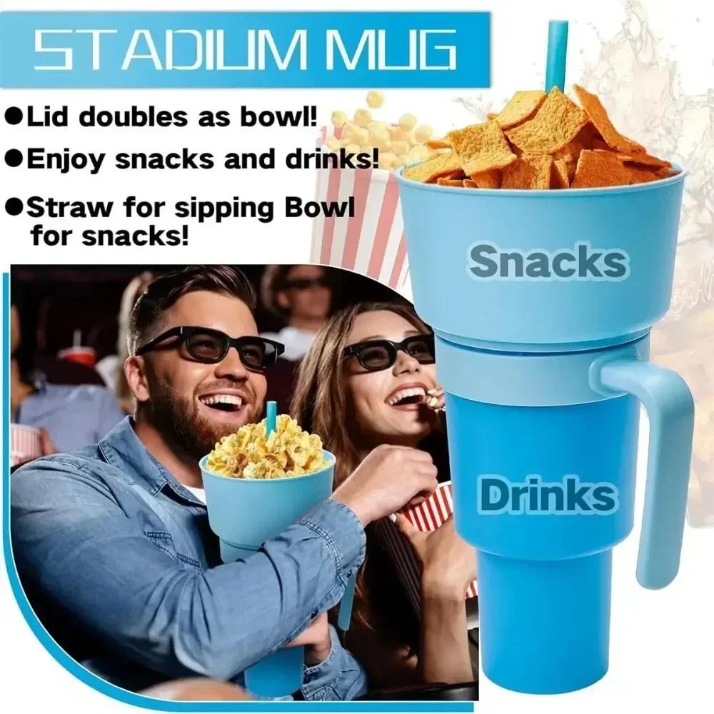 2In1 Snack Bowl Drink Cup with Straw Stadium Tumbler Water Bottle Straw Splash Proof Leakproof Portable Adults Kids Cinema Trip