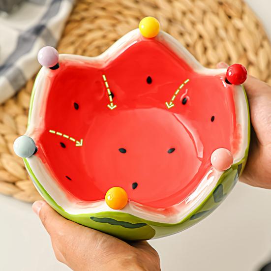 Fruit Plate And Fruit Fork Set Ceramic Watermelon Bowl with Stainless Steel Fork Multipurpose Kitchenware for Fruit Dessert Snacks