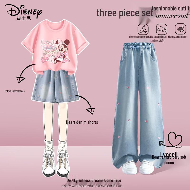 Disney Girls  Summer Cotton Short-Sleeve & Denim Pants Set 140