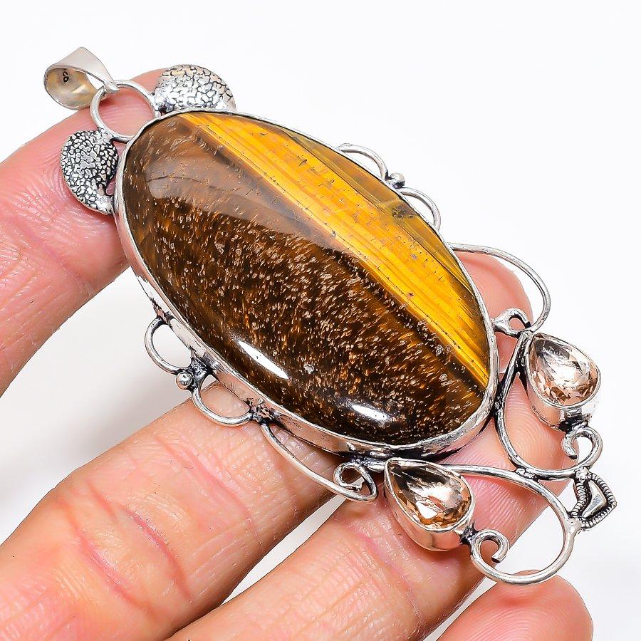 Натуральный Тигровый Глаз, Морганит Серебряный Кулон 925 пробы 3,35  AP-14026