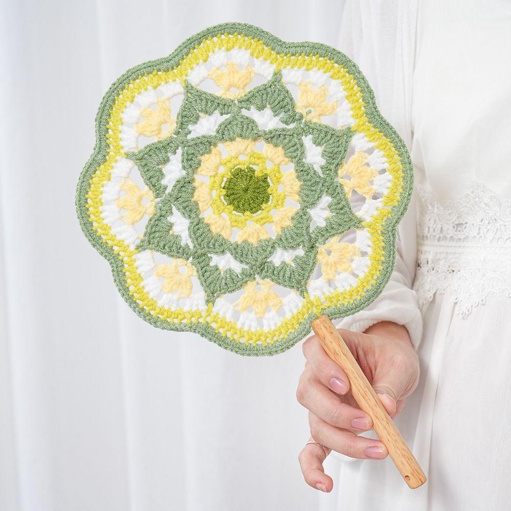 Yarn Hand Cranked Fan Handmade Decorative Craft Fan Crocheted Antique Style Fan  Women
