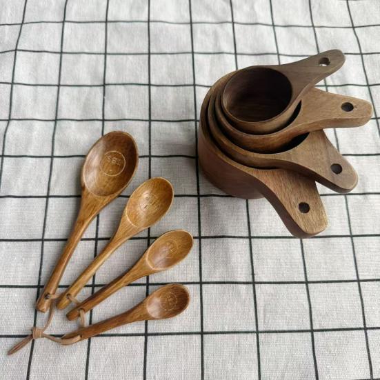 Wooden Measuring Cups And Spoons Set Coffee Bean Powder Measuring Spoon Nested Baking Tools for Accurate Cooking Rustic Kitchen Decor