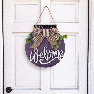 Welcome Wellcome Three-dimensional Round Wooden Sign Courtyard Background Wall Door Hanging Holiday Bow Decoration Listing