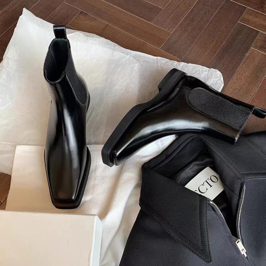 Cowhide Grape Mom Same Square Head Platform Chelsea Boots Women's Leather Thick Heel Martin Boots French Short Boots Skinny Boots