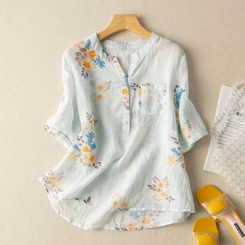 Summer Cotton Linen Blouses Art Retro Print Slimming Short Sleeved Shirt Top for Women