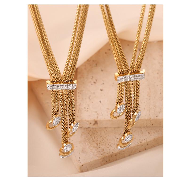 Korean Vintage U-Shaped Rhinestone Tassel Necklace Set - 18k Gold Plated Titanium Steel