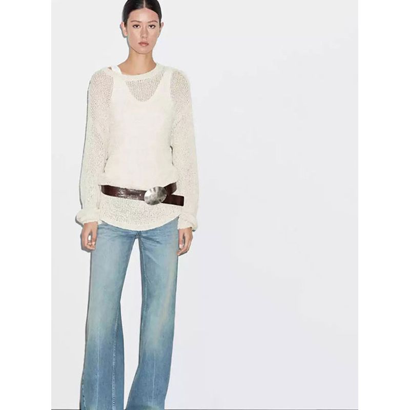 MD Women Clothes Casual Idle Style Lightweight Hollow Sweater Round Neck Long Sleeve Cover Up Knit Female 05691823711